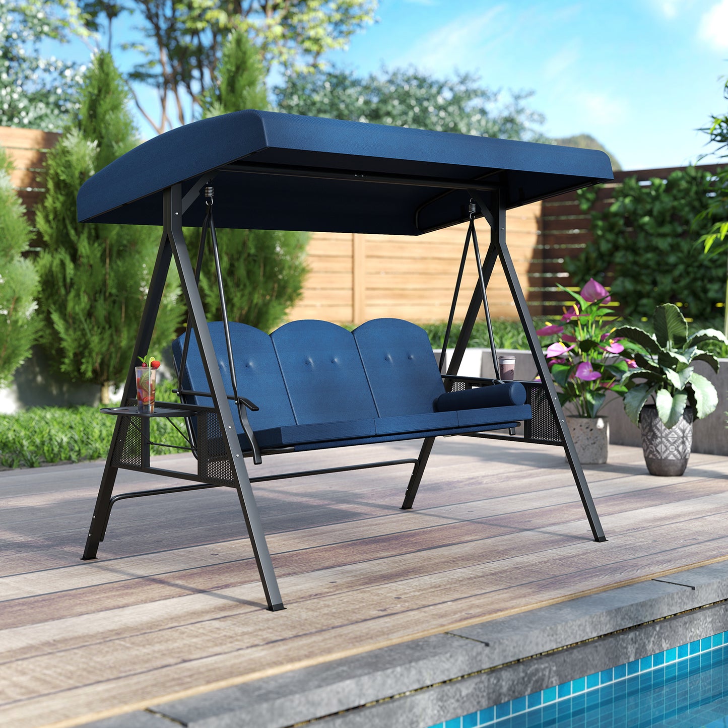 3-Seat Patio Swing Chair with Adjustable Canopy & Cushions