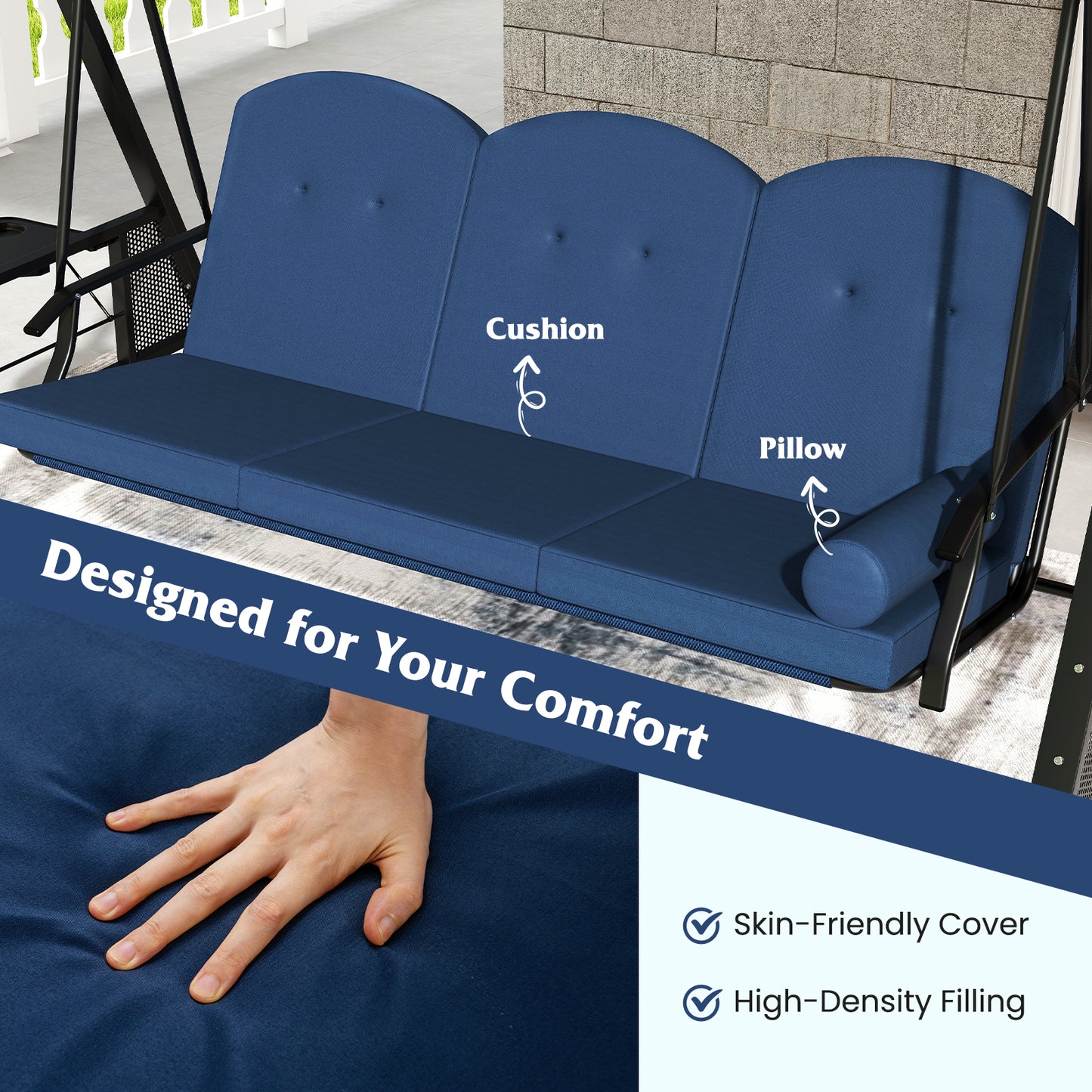 3-Seat Patio Swing Chair with Adjustable Canopy & Cushions