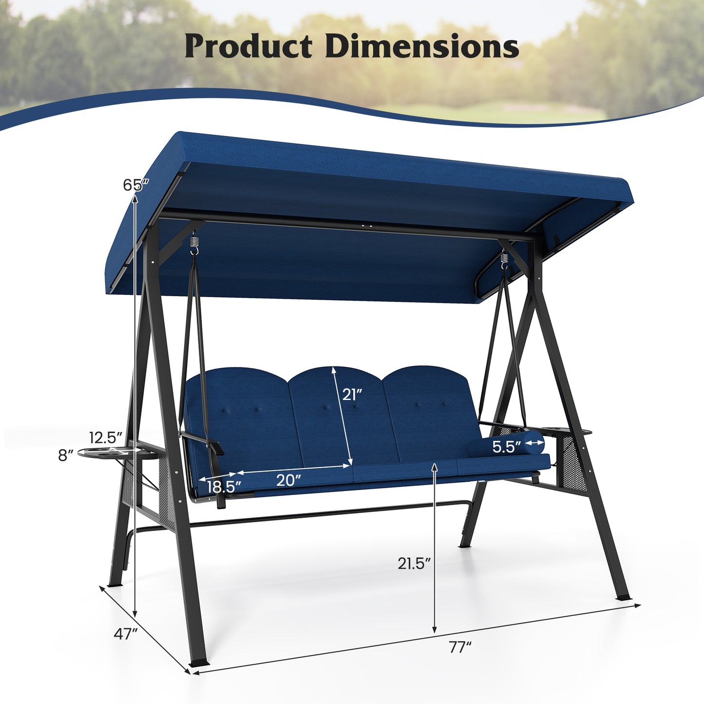3-Seat Patio Swing Chair with Adjustable Canopy & Cushions