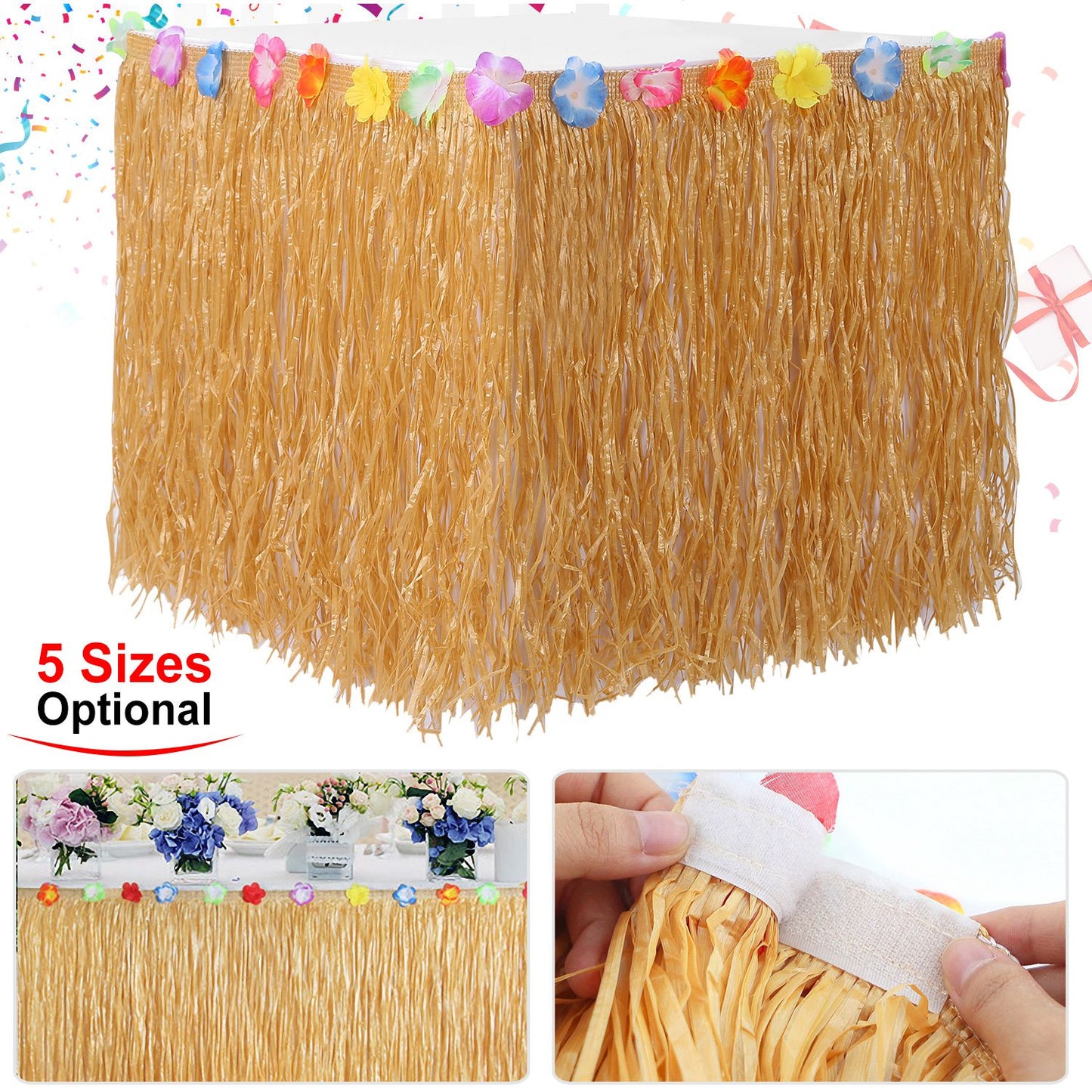 Grass Table Skirt with Hibiscus Flowers for Luau Party