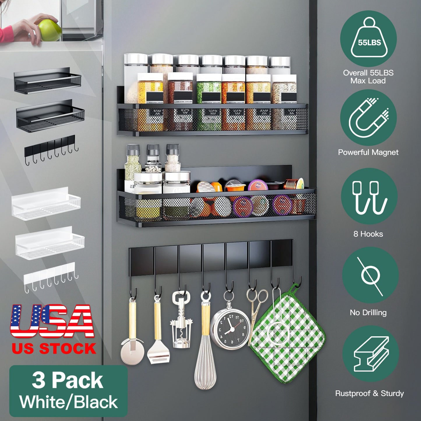 Magnetic Spice Rack 3-Pack with Hooks for Fridge Storage