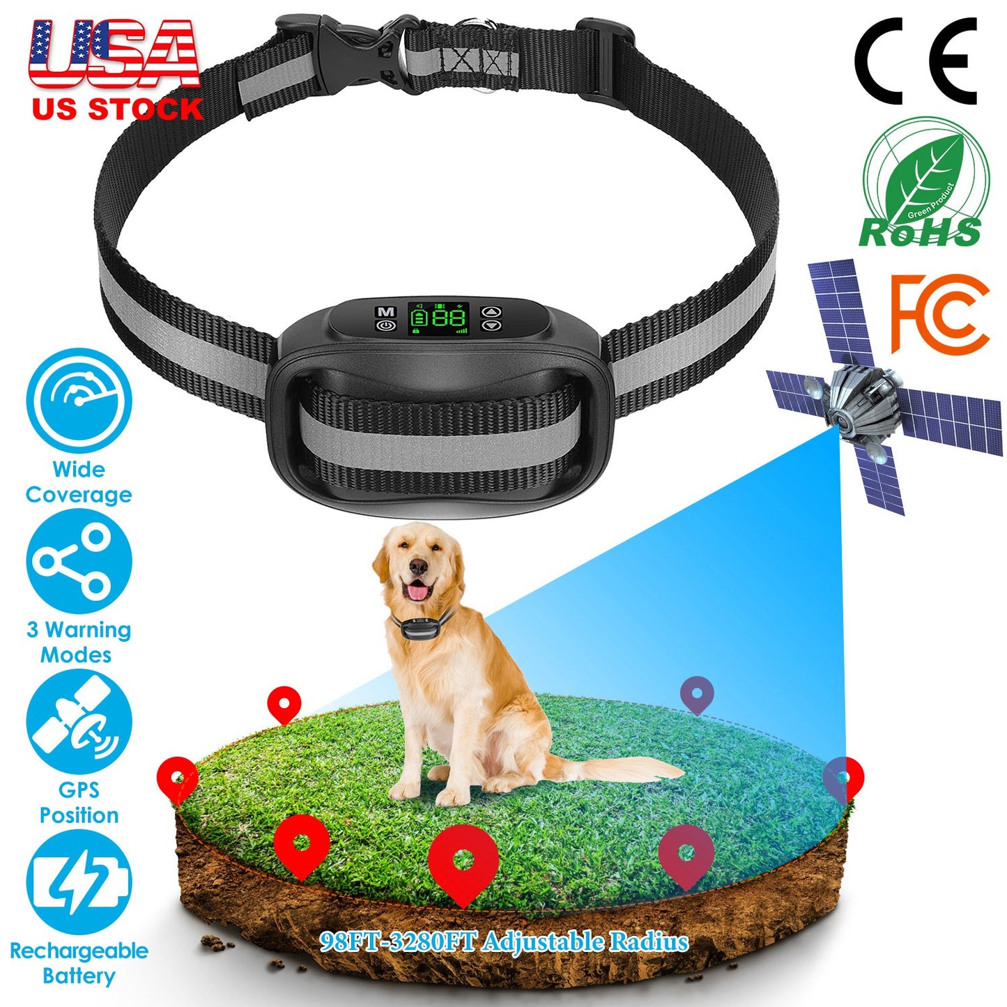 GPS Wireless Dog Fence with Rechargeable Collar & IPX7 Waterproof