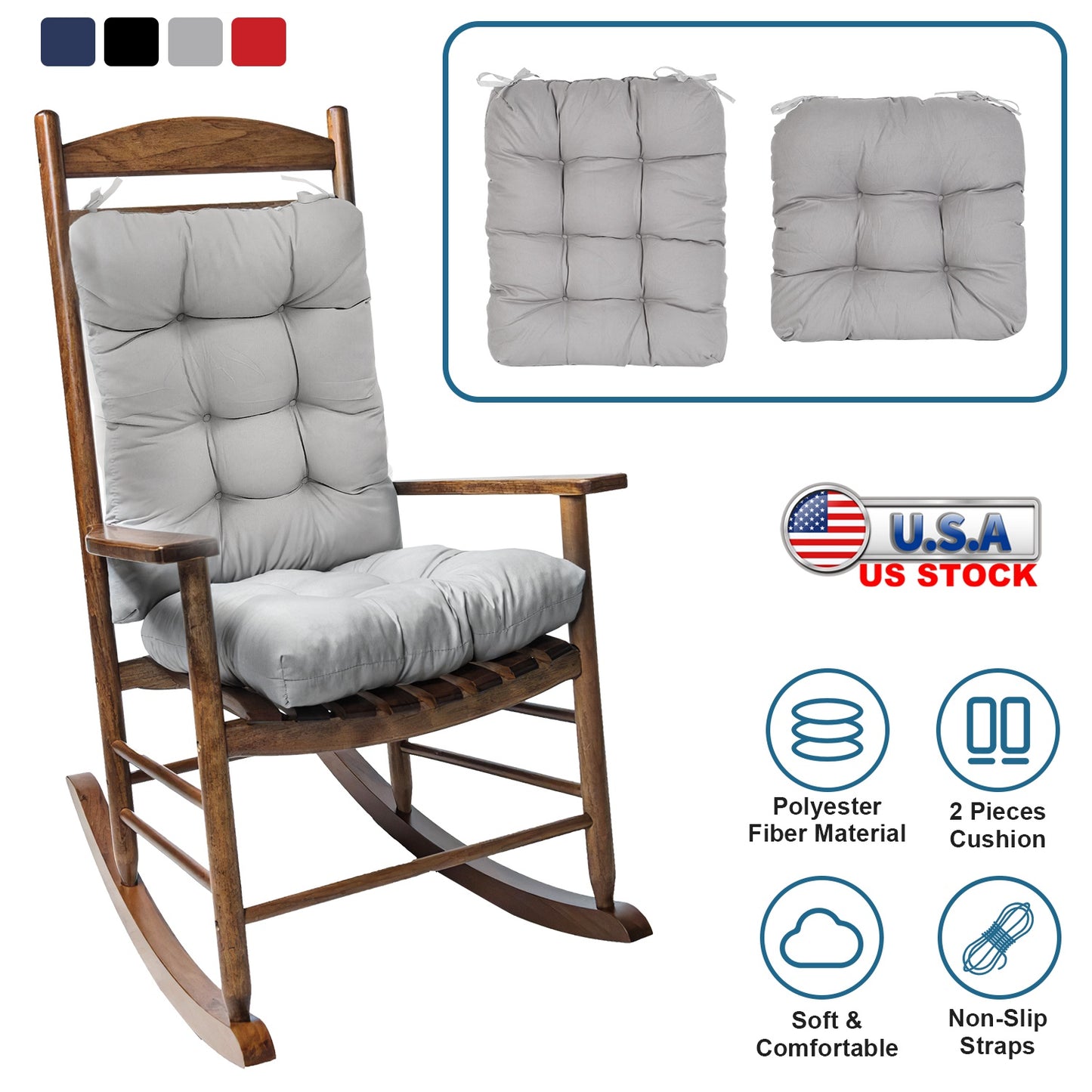 Rocking Chair Cushion Set with Non-Slip Ties - 2 Piece