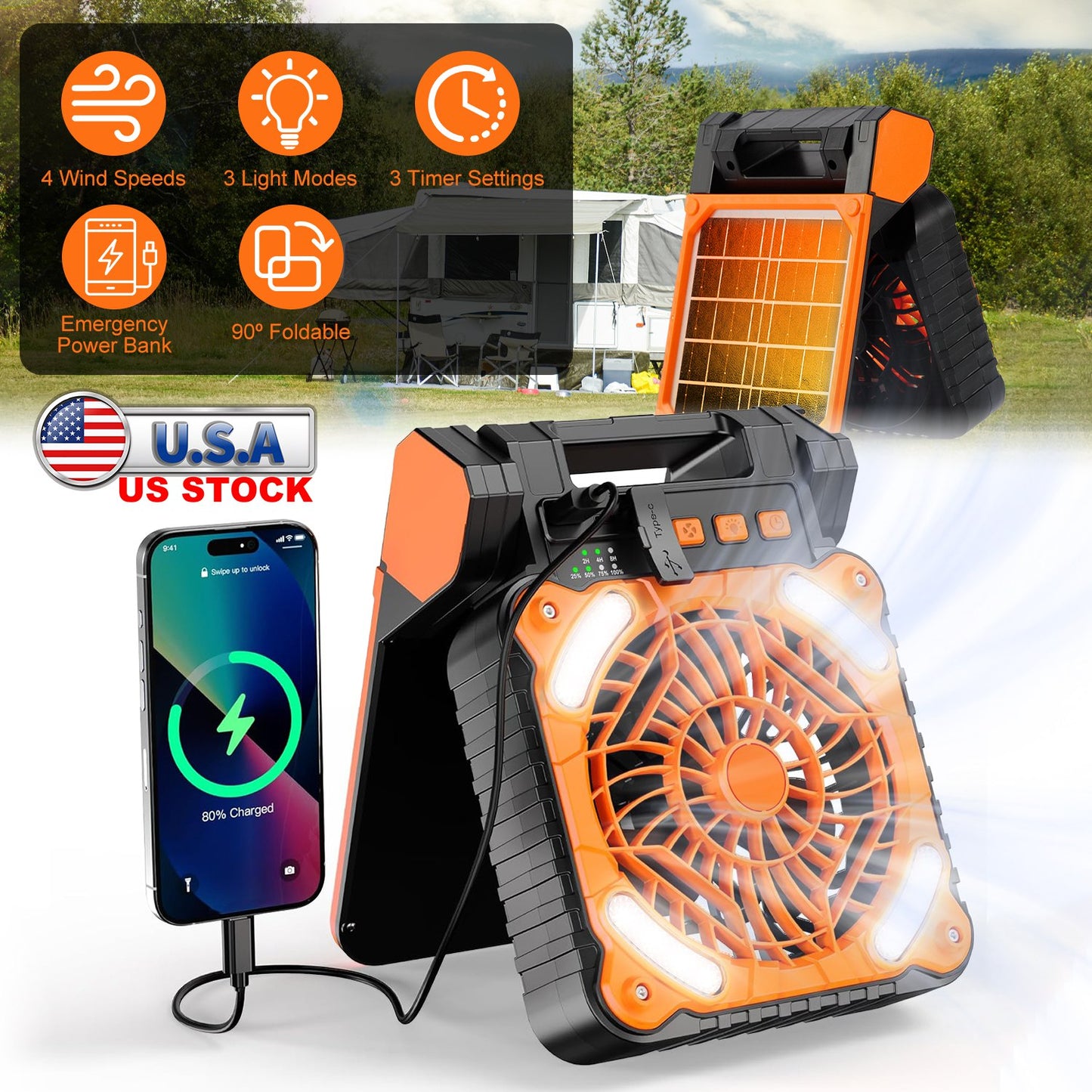 Solar Camping Fan with LED Lantern & 5200mAh Power Bank