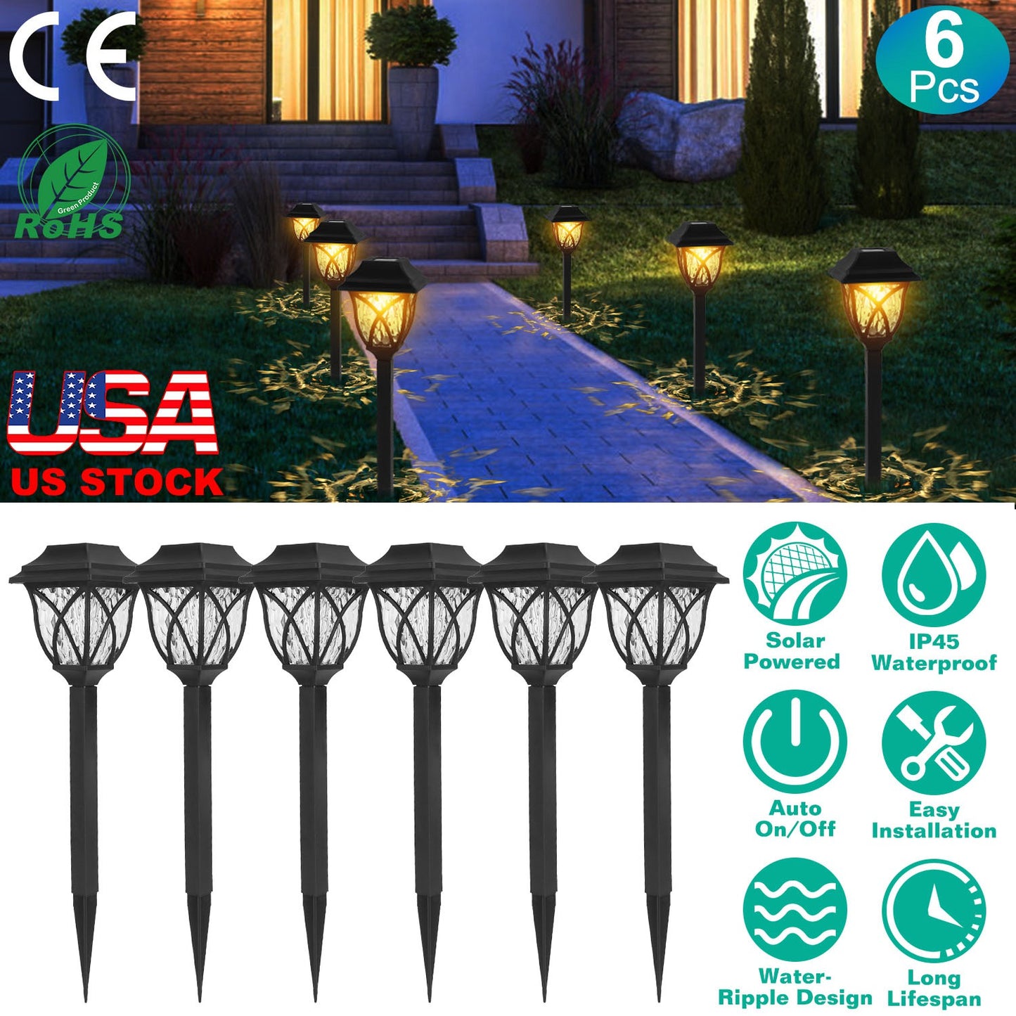 Solar Pathway Lights 6-Pack Waterproof Garden Stake Lamps