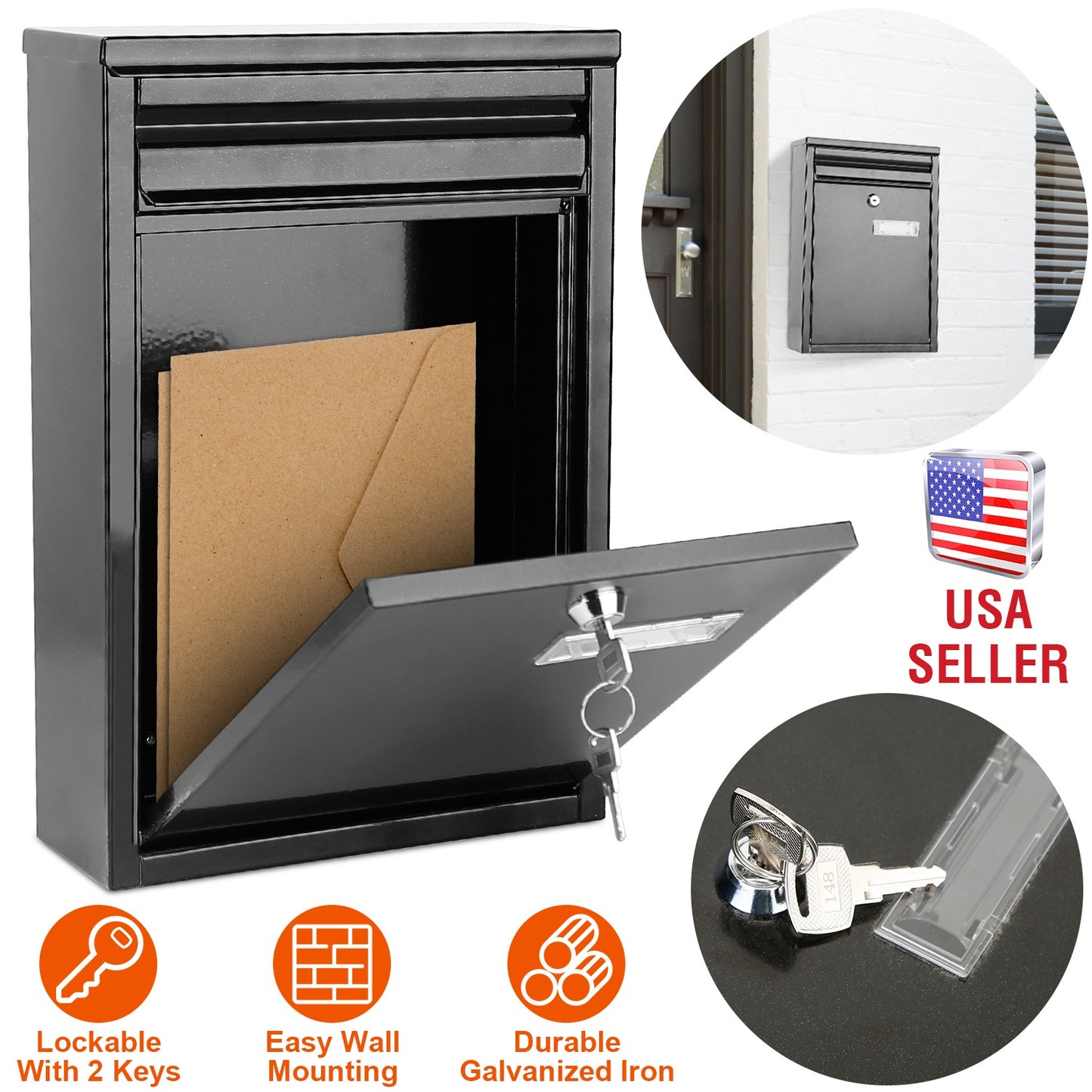 Wall Mount Mailbox with Lock - Galvanized Iron Secure Letter Box