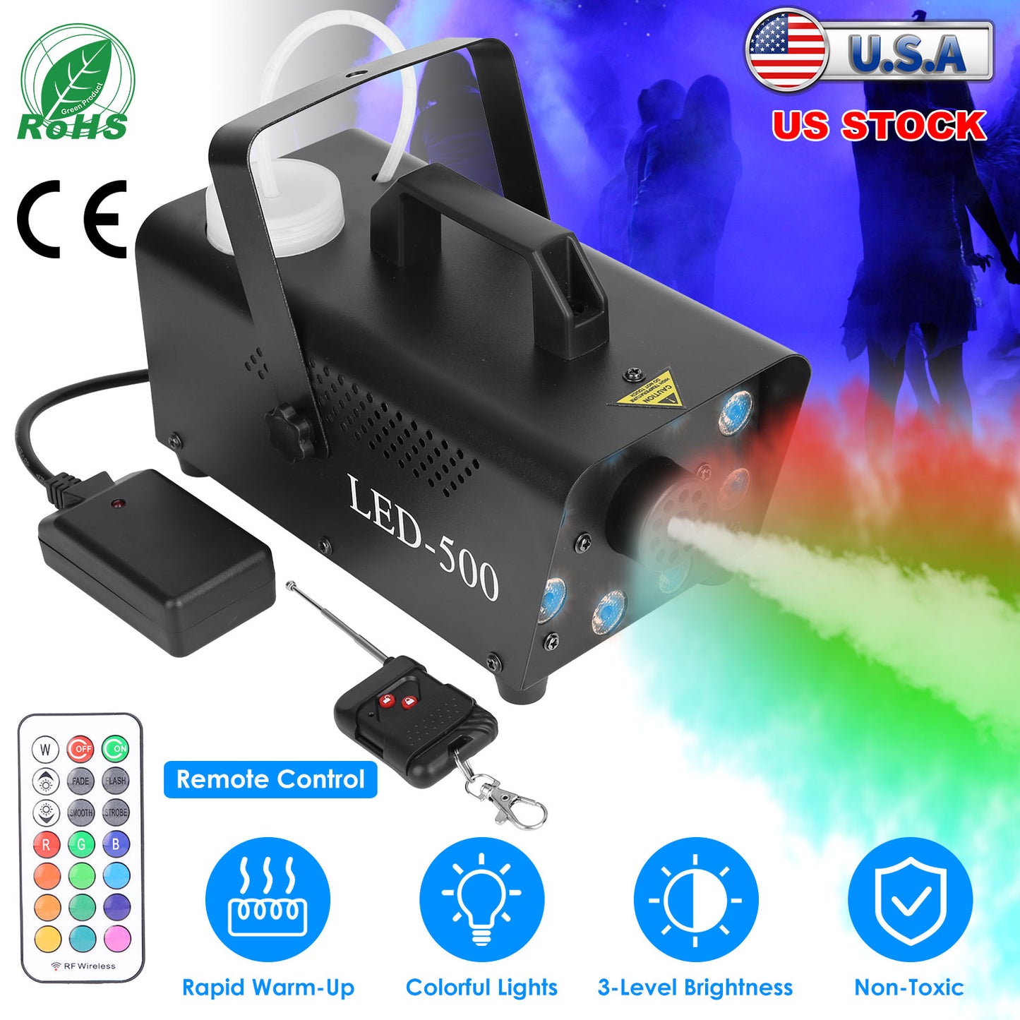 500W Fog Machine with LED Lights and Remote Control