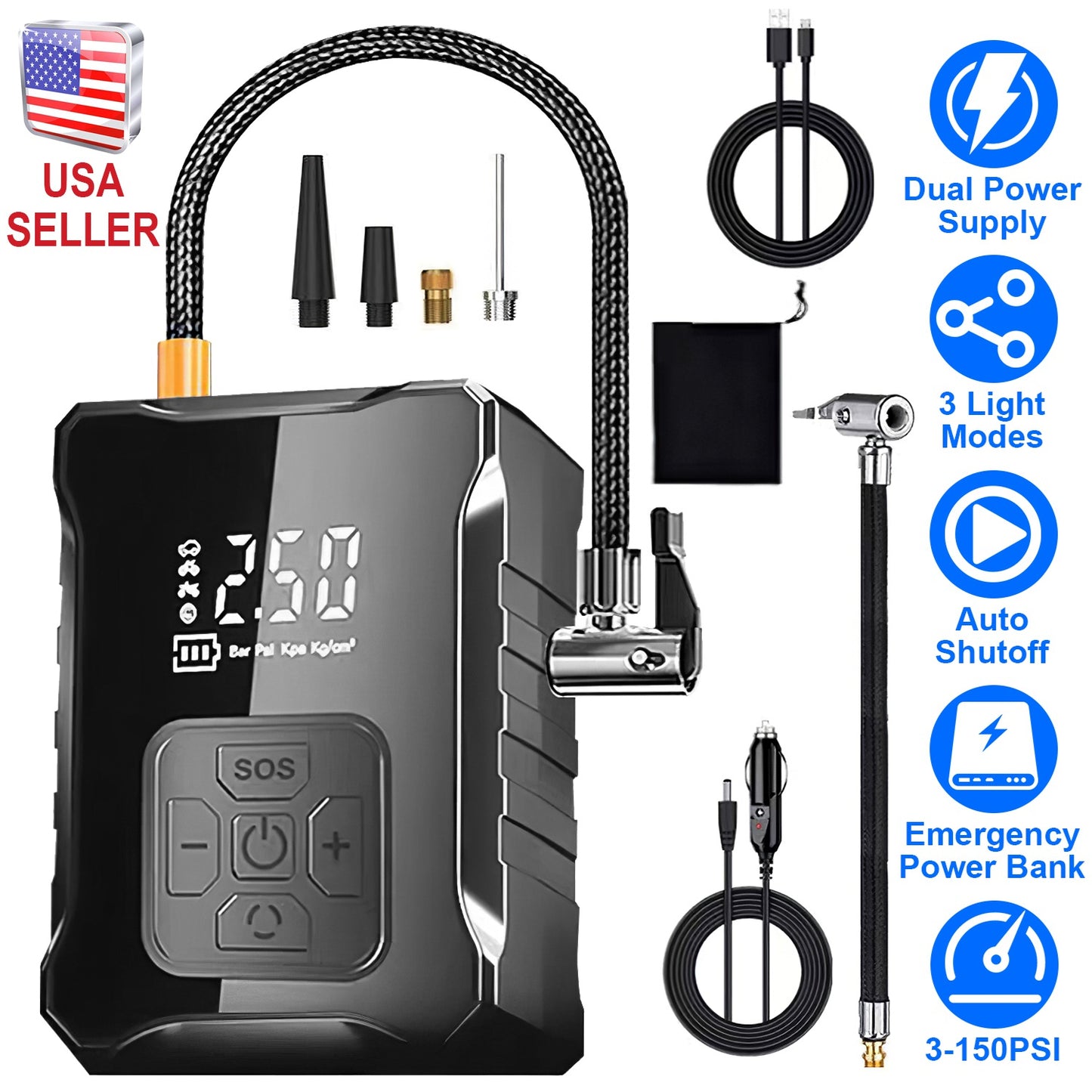 Cordless Tire Inflator 150PSI with LED Light & Power Bank