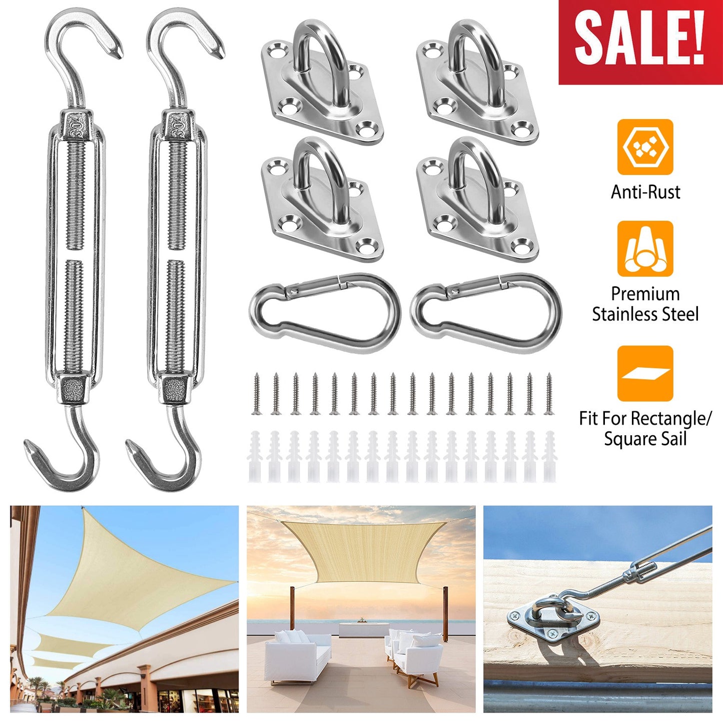 Sun Shade Sail Hardware Kit - Stainless Steel 32-Piece