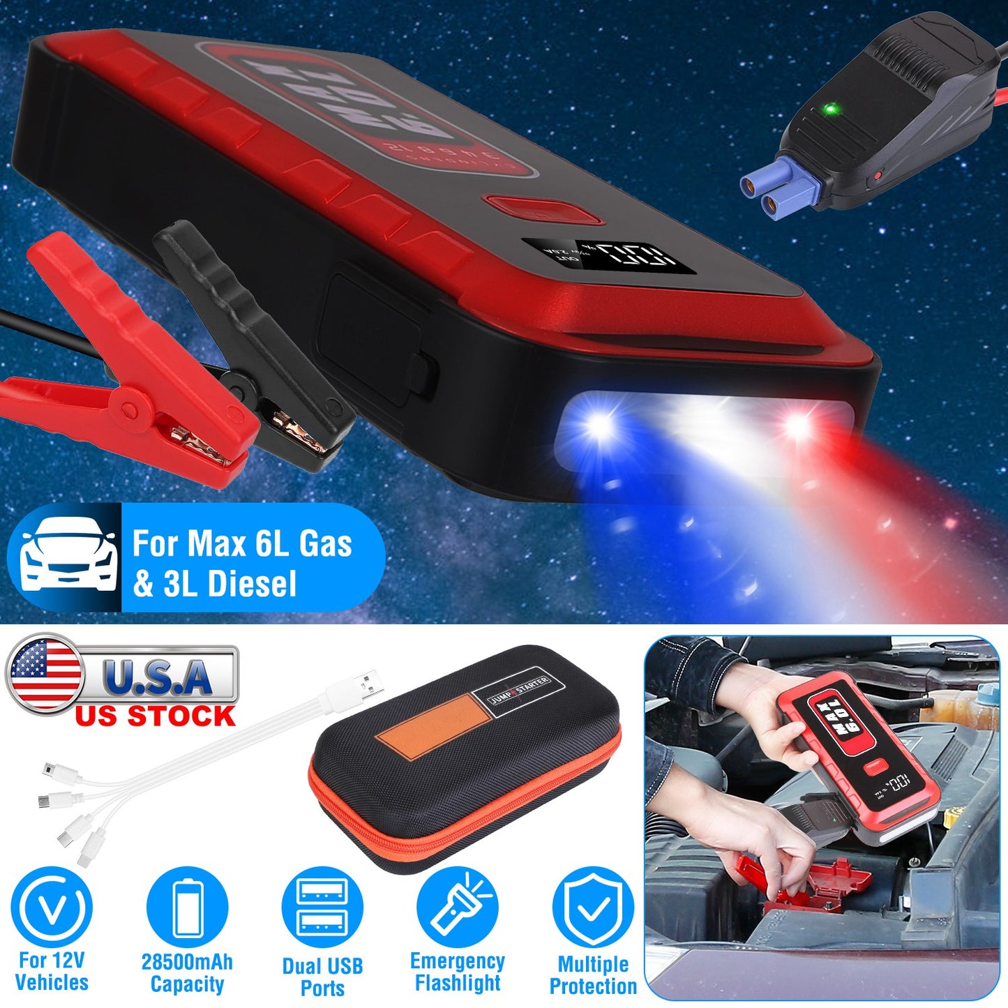 Car Jump Starter 2500A Peak 25800mAh Power Bank with LED Flashlight