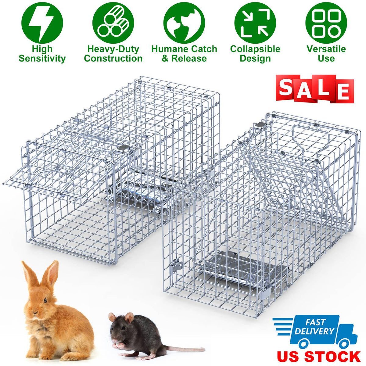 2Pcs 18x8x10In Humane Single Door Live Animal Trap Collapsible Galvanized Iron Animal Cage Catch And Release for Small Squirrel Raccoon Feral Cat Weas