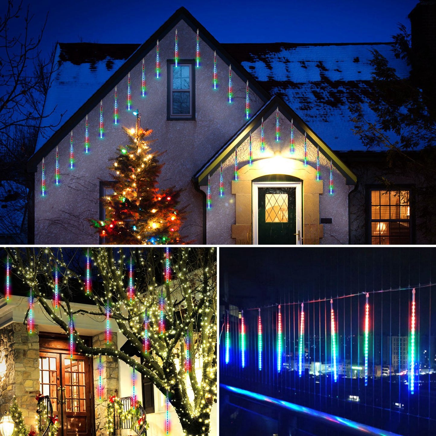 Solar Meteor Shower String Lights 8 Tubes 144 LED Waterproof