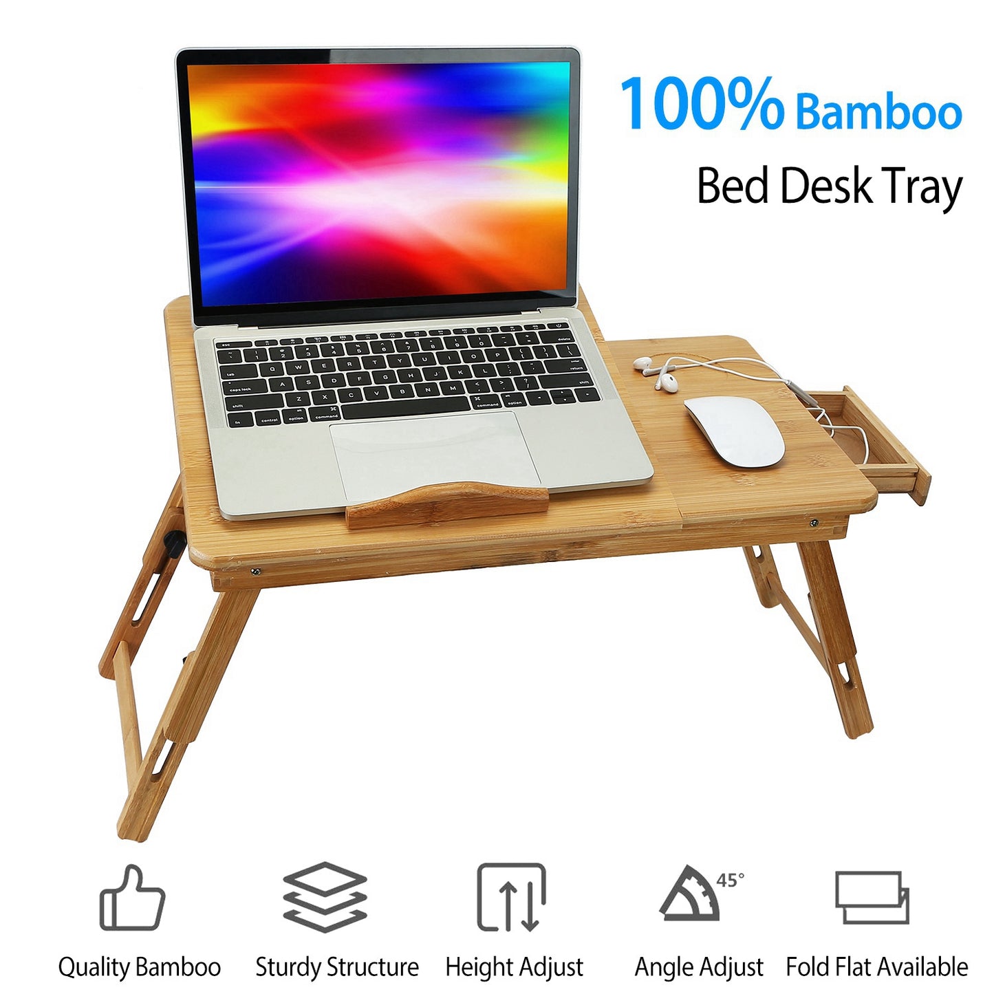 Bamboo Laptop Desk with Adjustable Legs and Storage Drawer