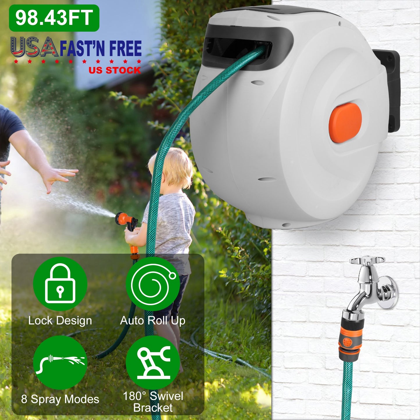 Retractable Garden Hose Reel 98ft Wall Mounted Auto Rewind
