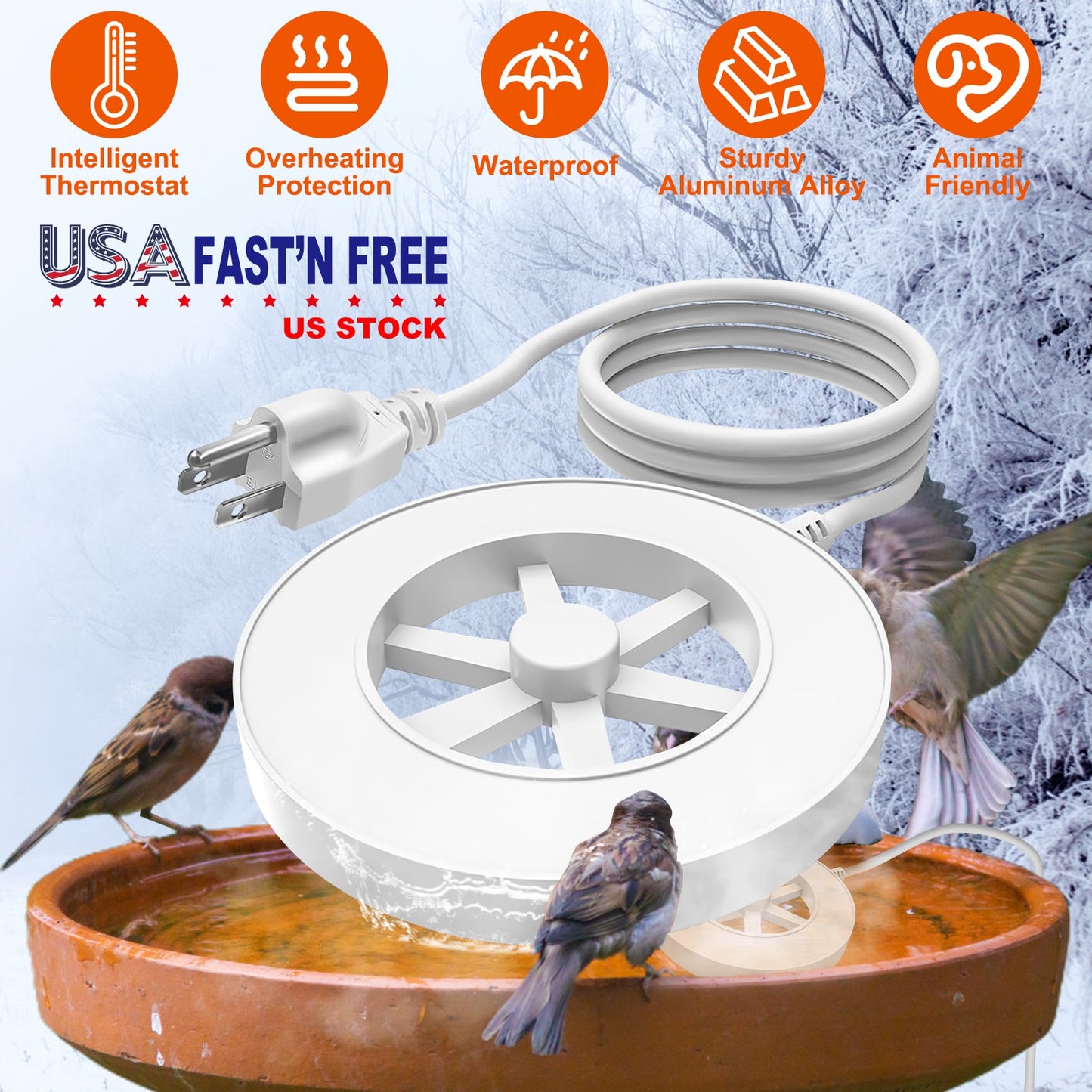 Bird Bath Heater 70W Thermostat Controlled Outdoor Deicer