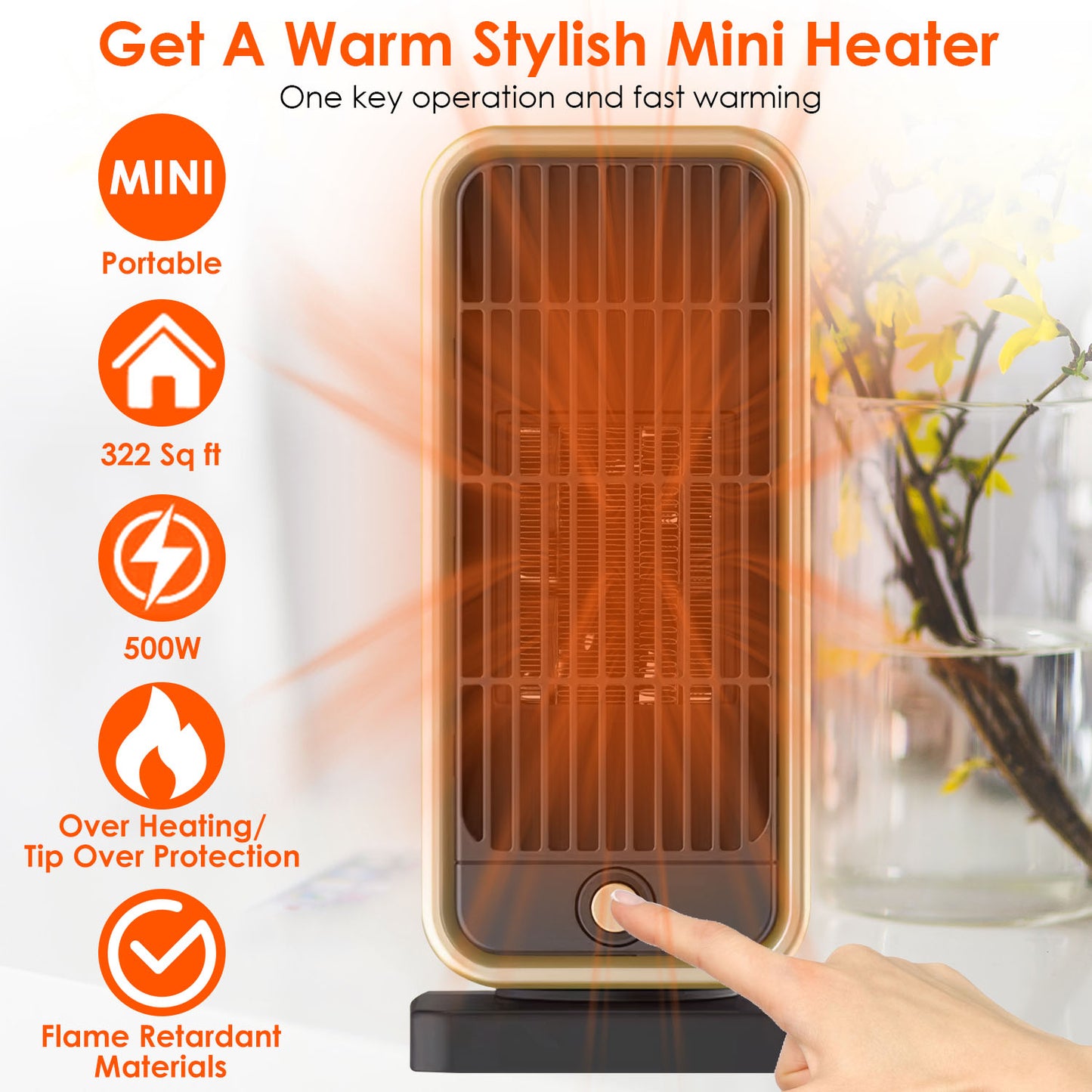 500W Portable Ceramic Space Heater with Tip-Over Protection