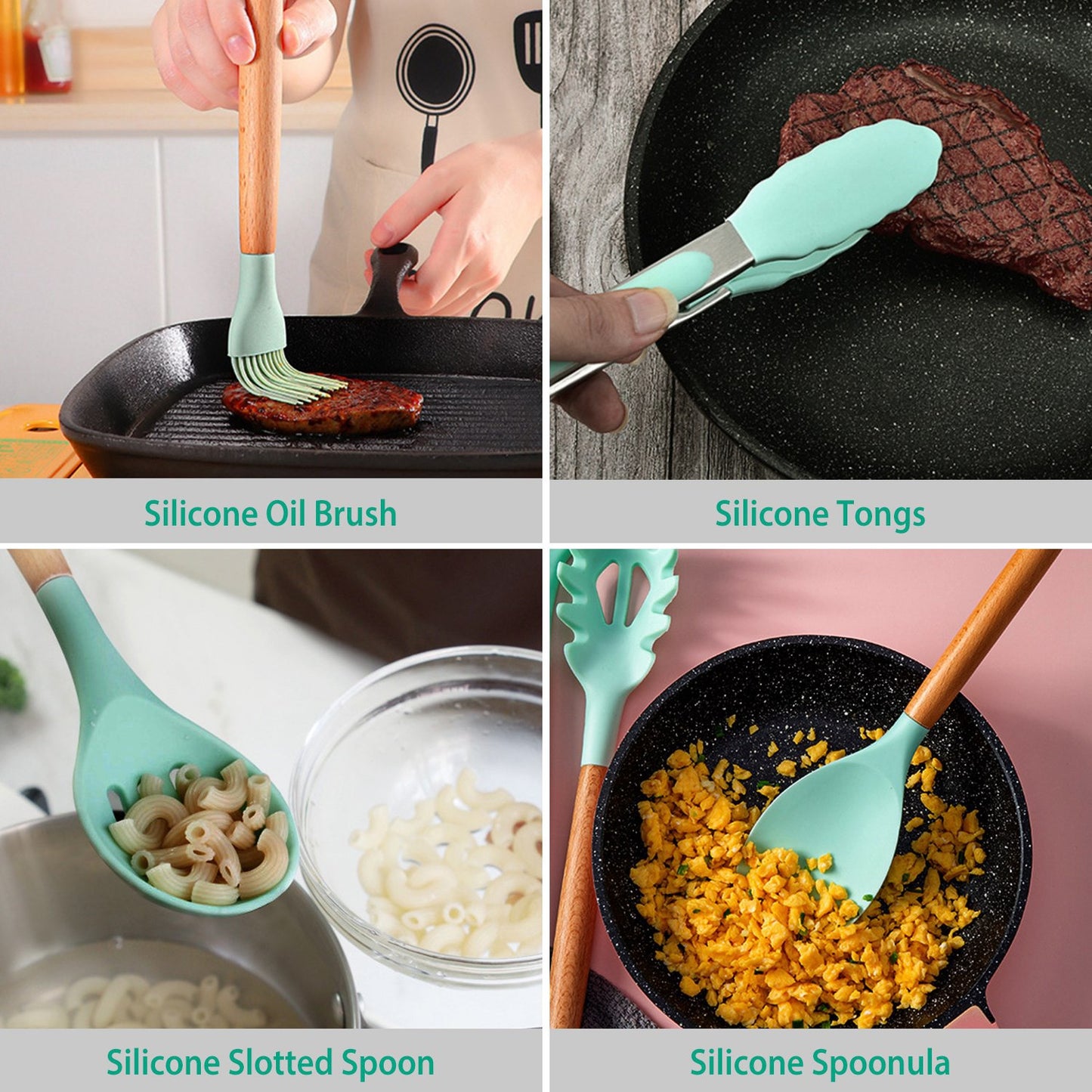 Silicone Cooking Utensil Set, 11-Piece with Wooden Handles