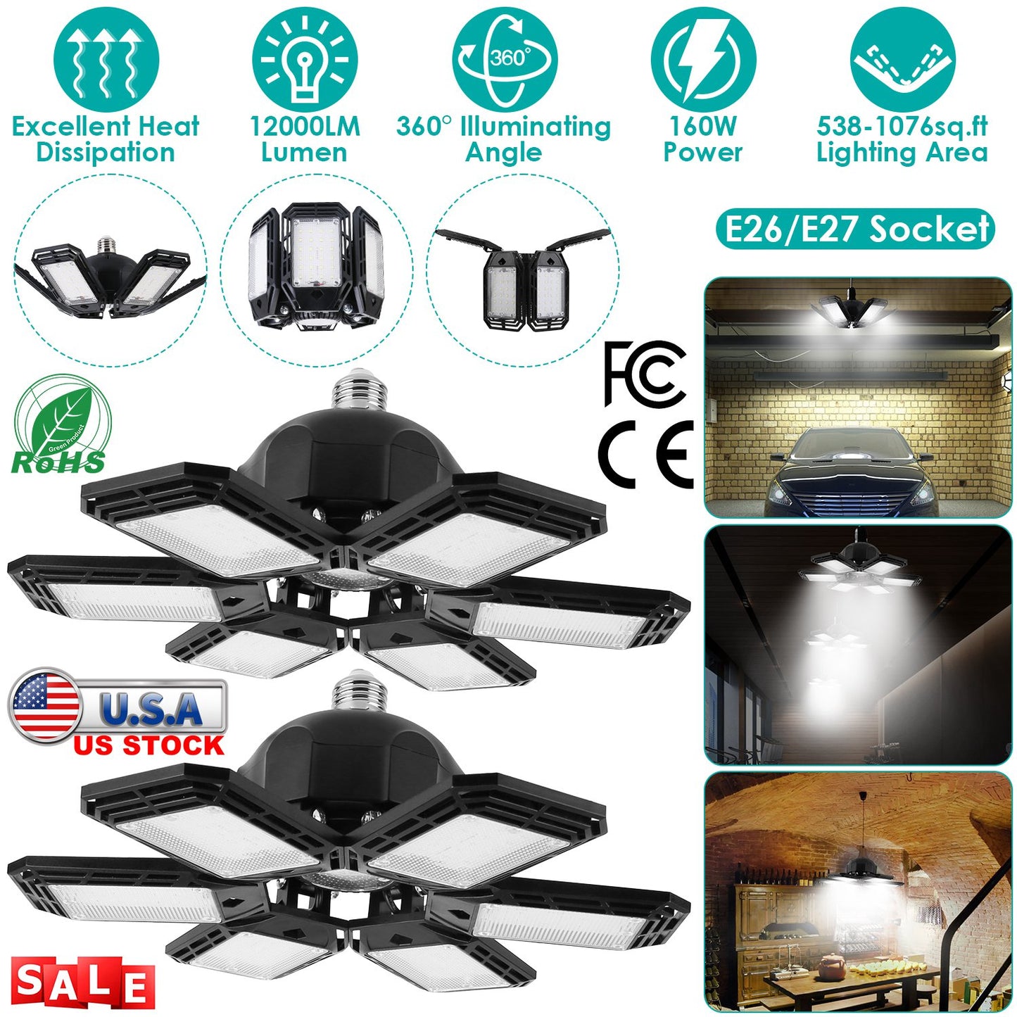 LED Garage Light 160W Deformable 6-Blade Ceiling Light