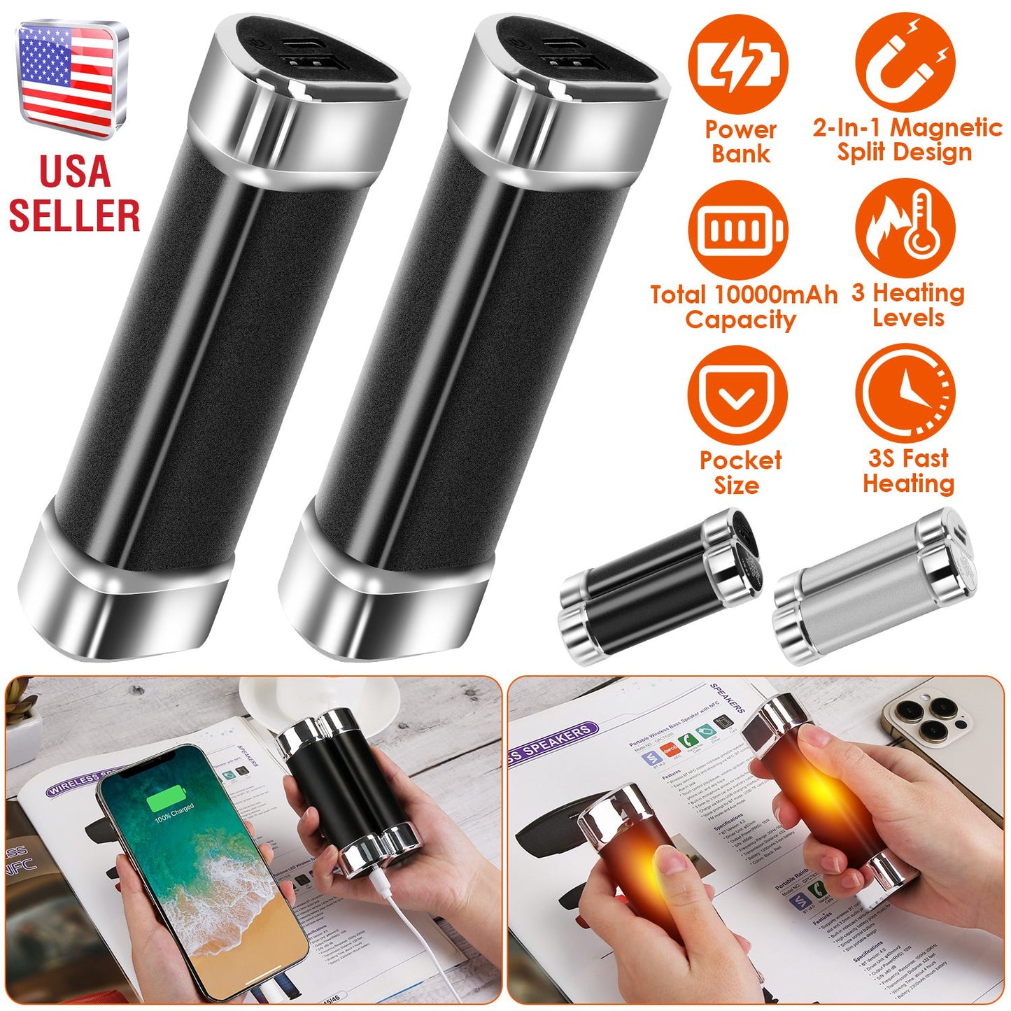 Magnetic Hand Warmers 2-Pack with 10000mAh Power Bank