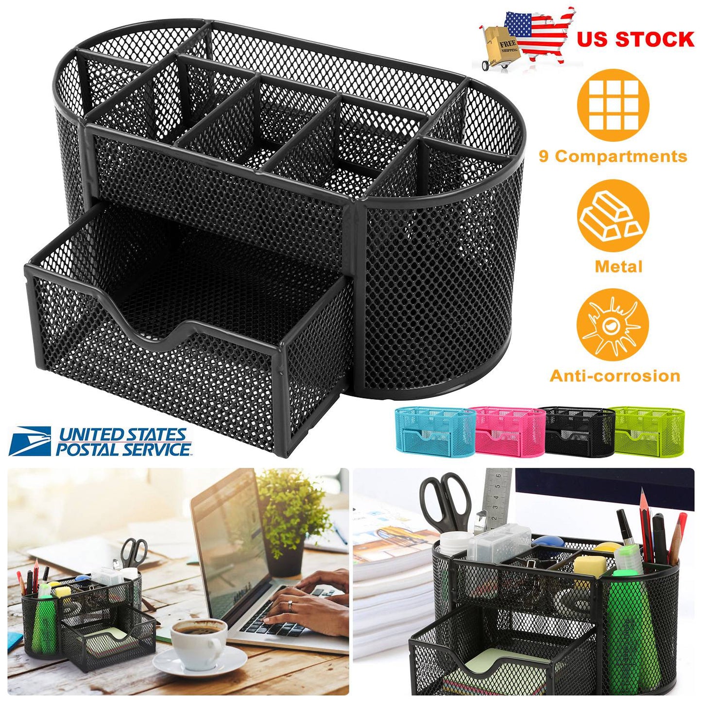 Metal Mesh Desk Organizer with 9 Compartments & Drawer