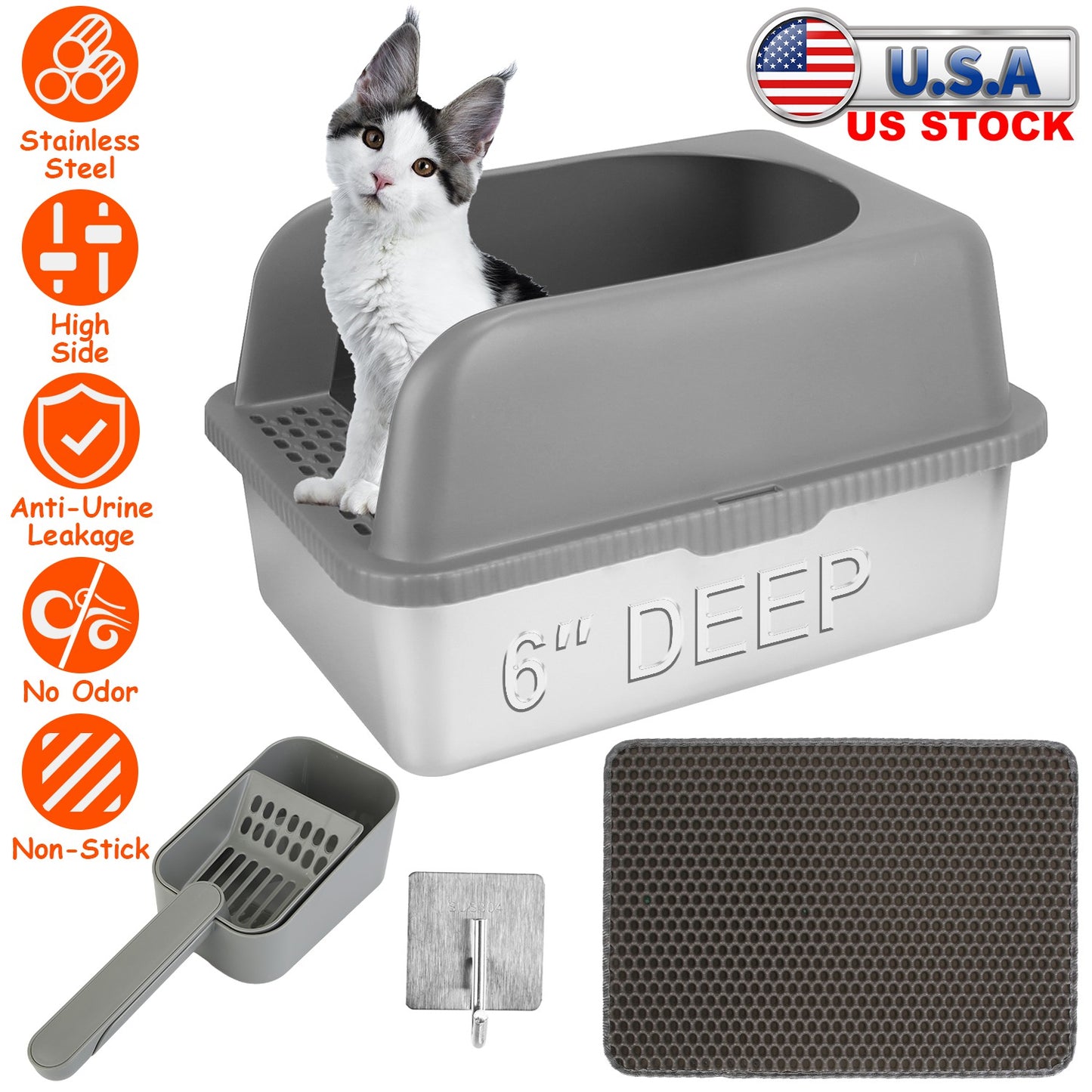 Enclosed Stainless Steel Cat Litter Box with Lid - Large