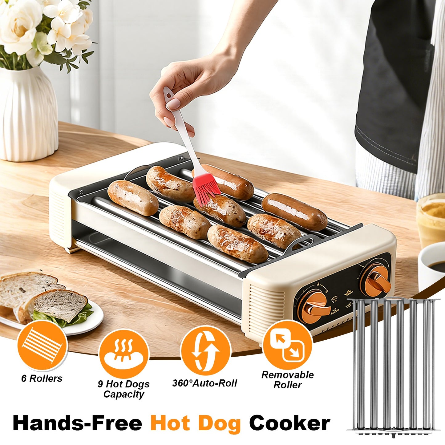 Electric Hot Dog Roller Grill with Griddle - 3-in-1 Cooker