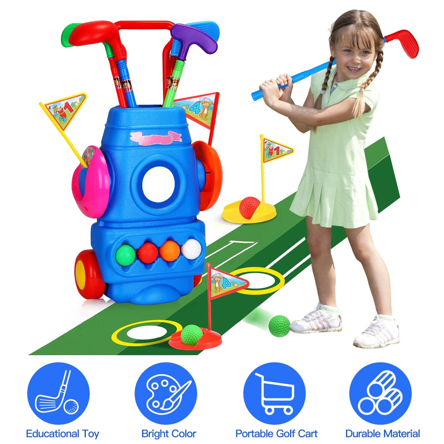 Toddler Golf Set with Cart, 4 Clubs, Balls & Flags