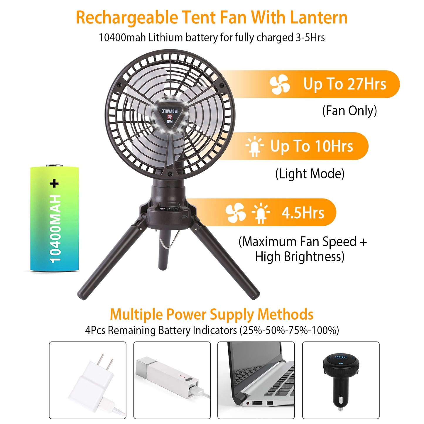 Portable Camping Fan with LED Light and Tripod Stand