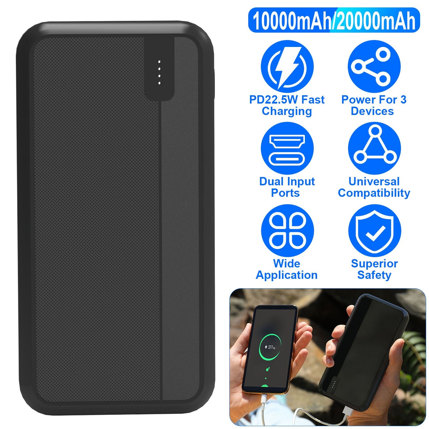 10000mAh Fast Charging Power Bank with PD 22.5W USB-C Cable
