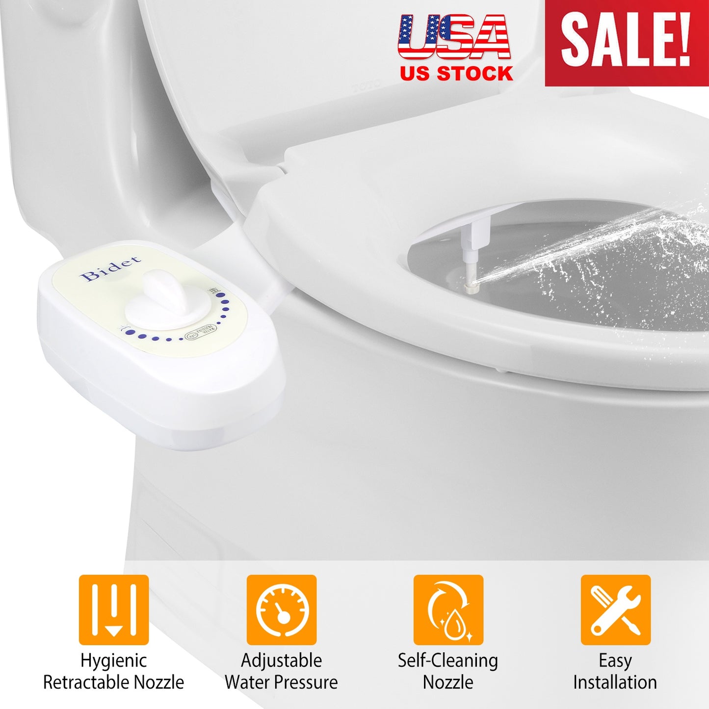 Non-Electric Bidet Attachment with Adjustable Water Pressure