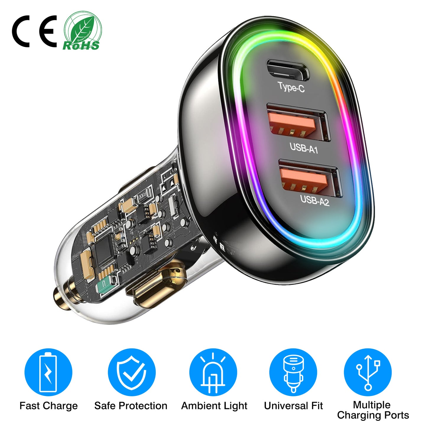 90W Fast Car Charger with 3 Ports and Ambient Light