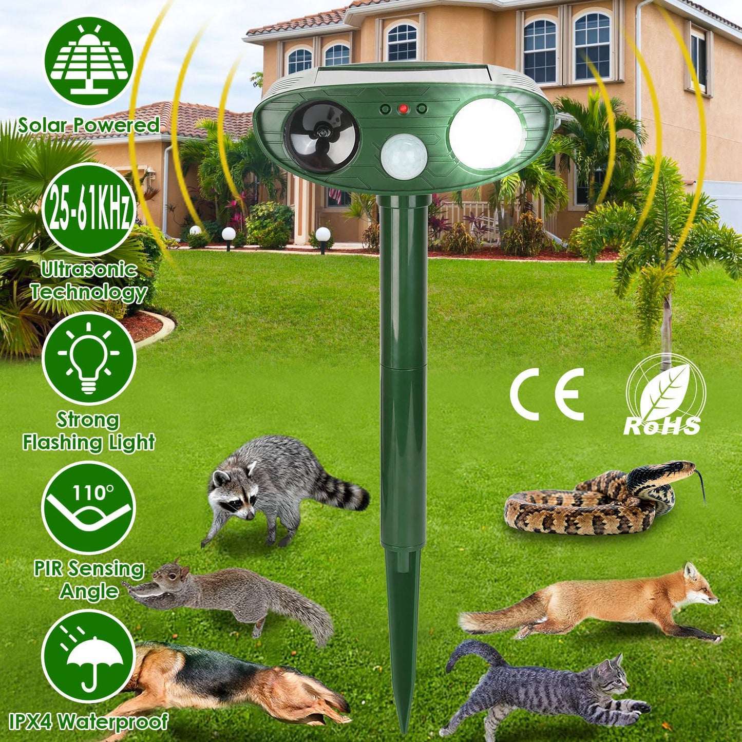 Solar Ultrasonic Animal Repeller with Motion Sensor & LED Light
