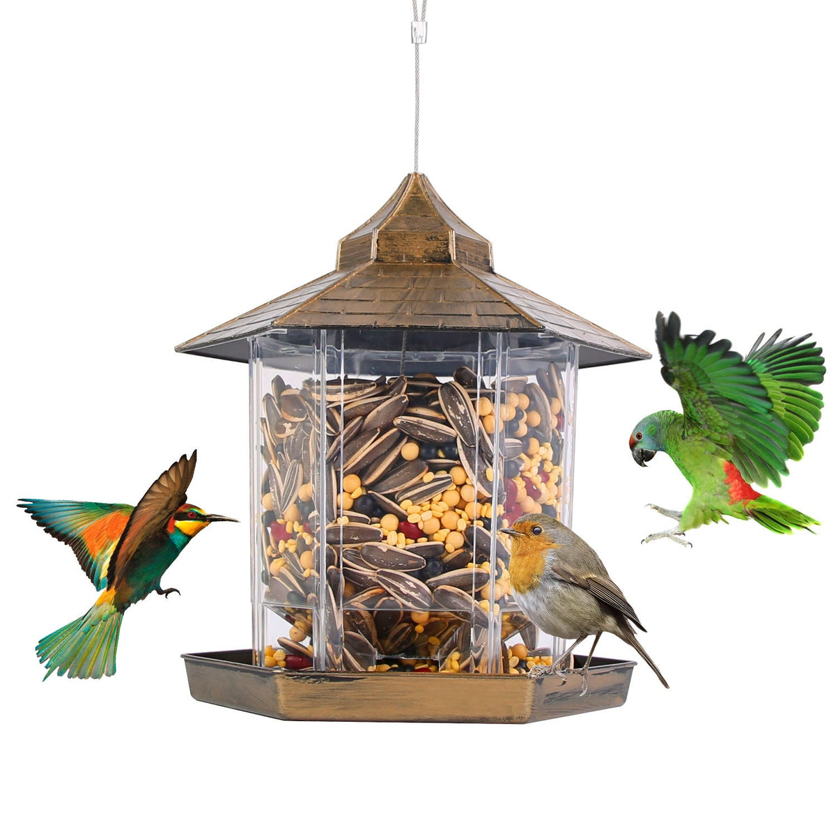 Hanging Gazebo Wild Bird Feeder Outdoor Bird Seed Station with Large Capacity 6 Feeder Ports for Garden Patio Park Weatherproof Easy To Refill