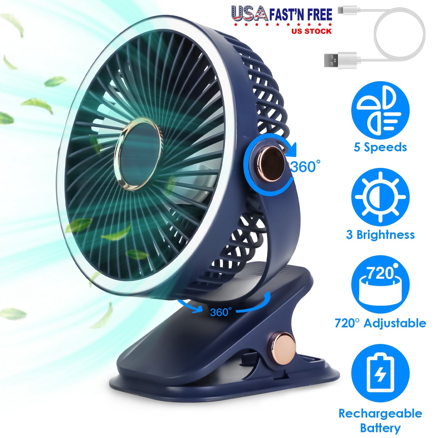 Clip-On Fan with 5 Speeds, LED Light & 720° Rotation
