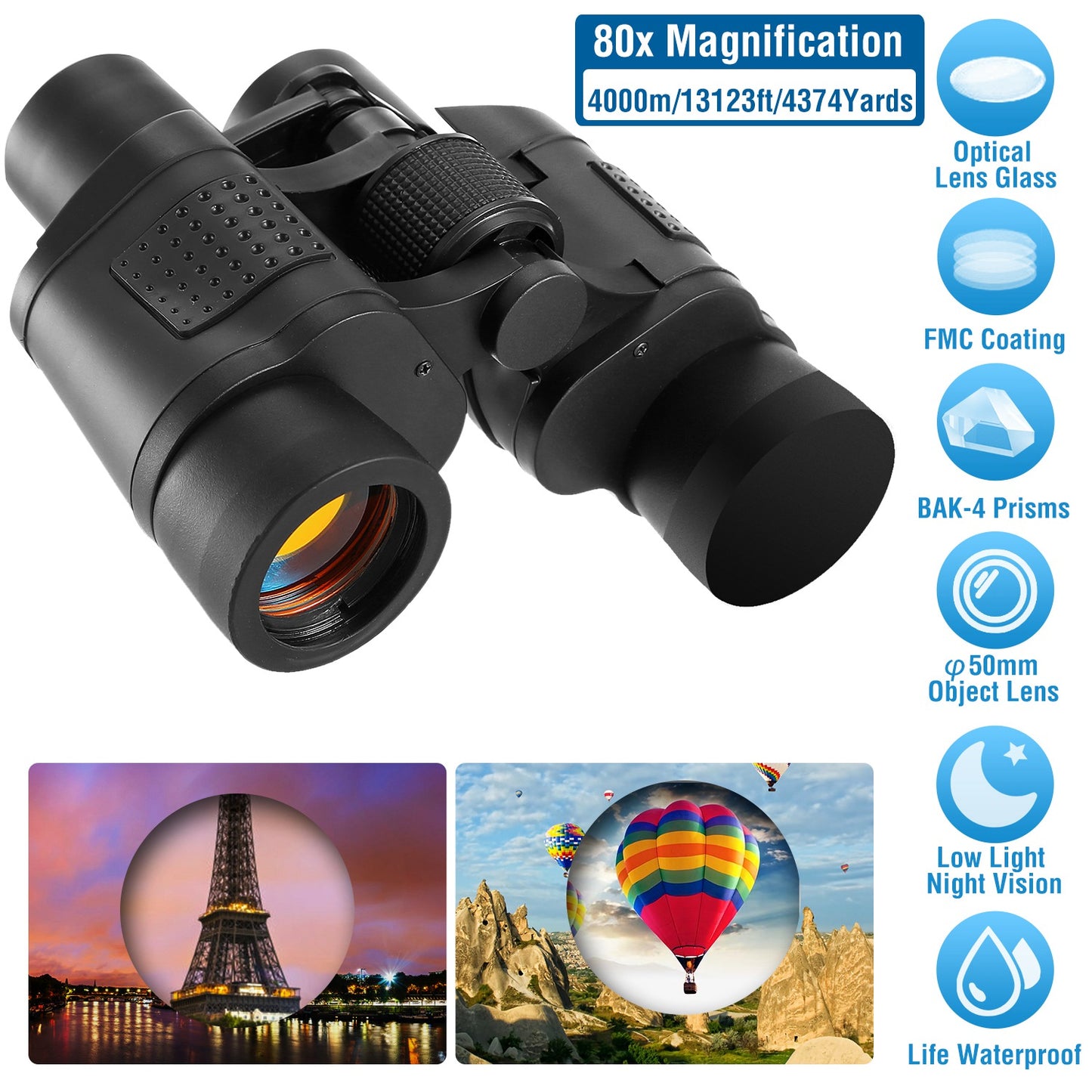 80x50 HD Binoculars with FMC Lens and Low Light Vision