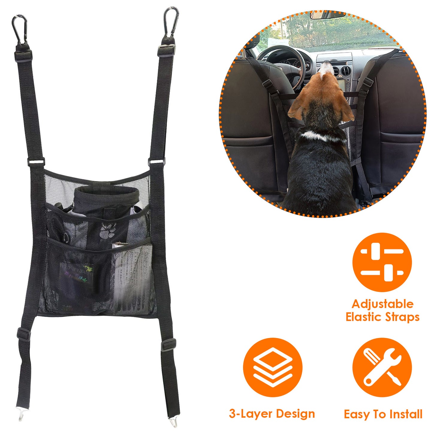 Car Mesh Organizer 3-Layer Seat Back Storage Net with Pet Barrier