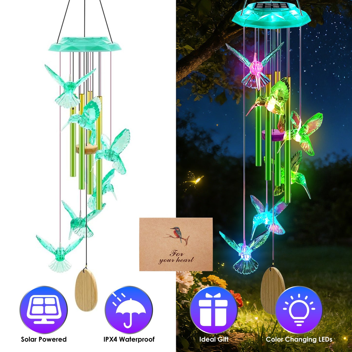 Solar Wind Chime with Color-Changing LED Lights & Aluminum Tubes