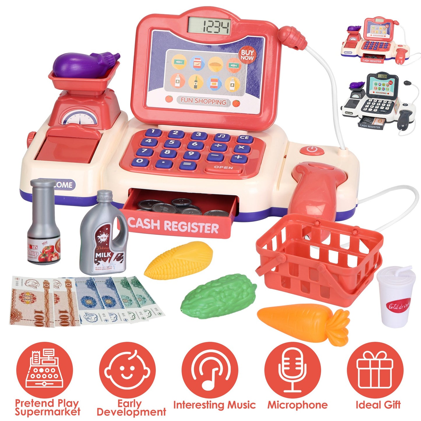 Kids Cash Register Pretend Play Toy with Scanner & Accessories