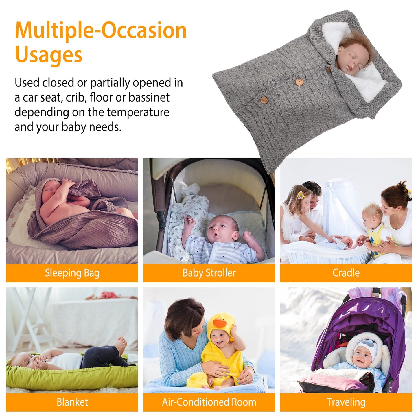 Baby Knit Swaddle Blanket with Button Closure 0-12 Months