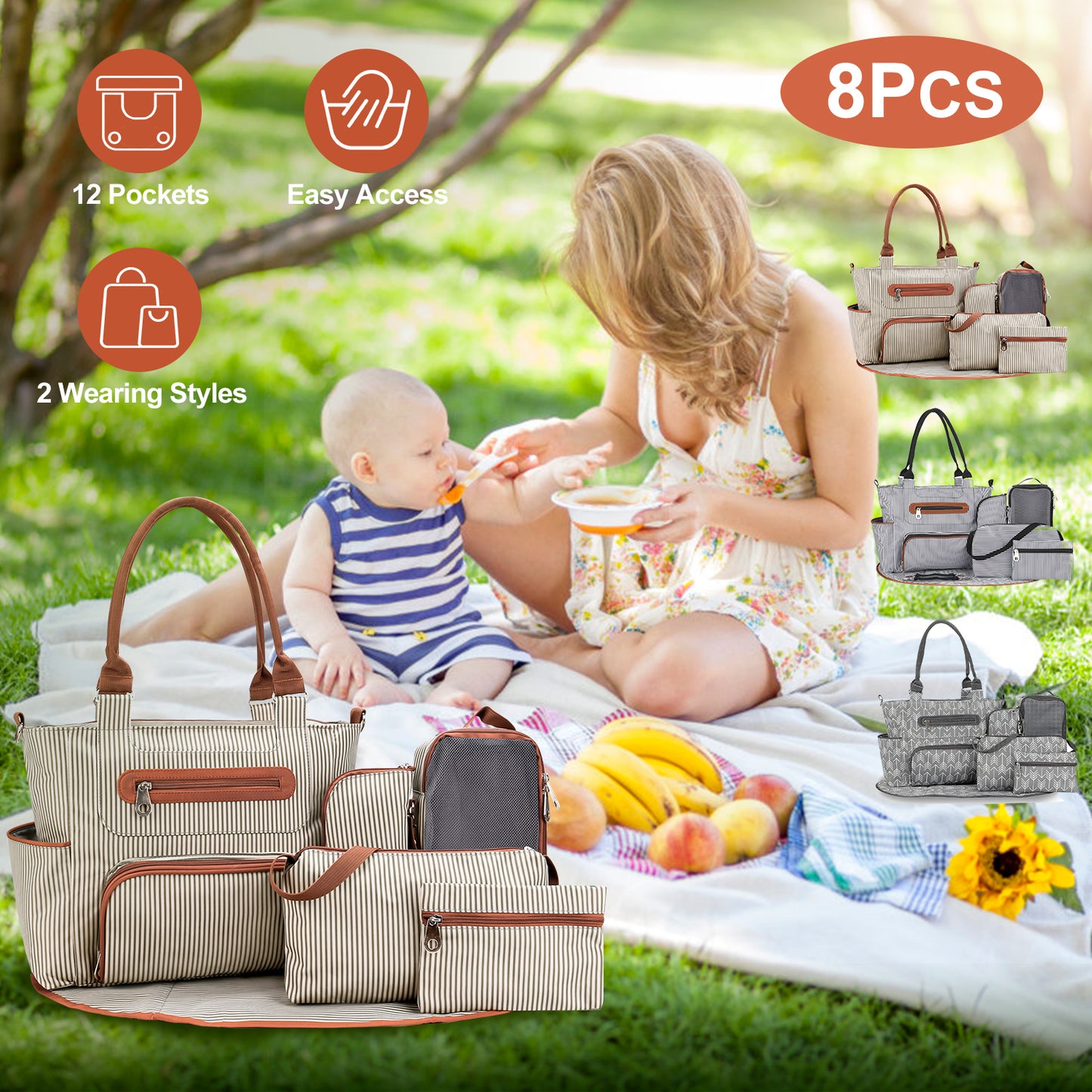 Diaper Bag Set 8-Piece with Changing Pad and Stroller Straps