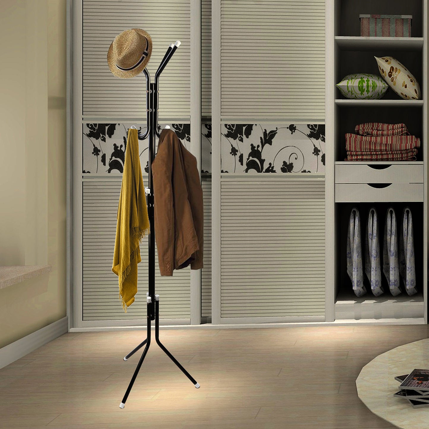 Standing Coat Rack with 8 Hooks - 3 Tier Metal Organizer