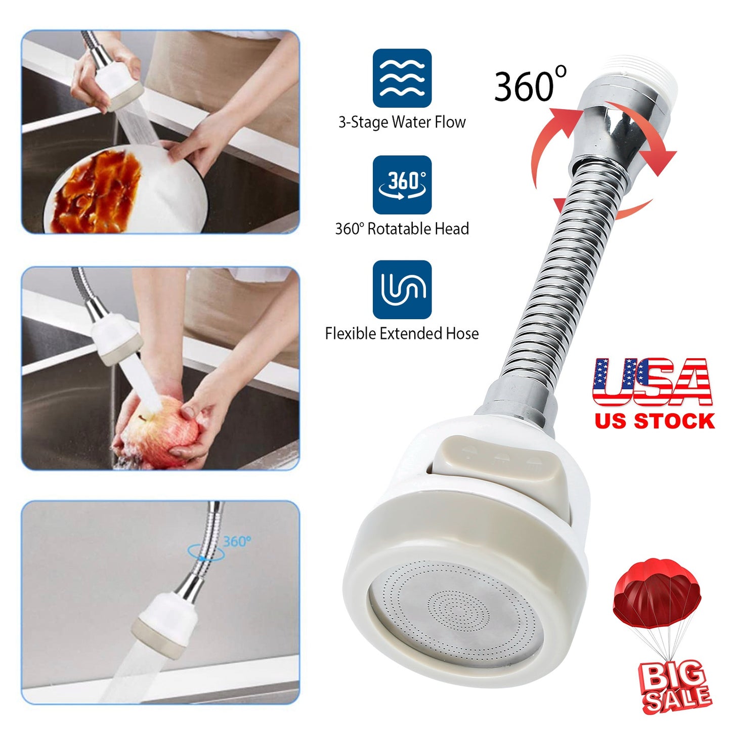 360° Rotatable Kitchen Faucet Aerator with 3 Spray Modes