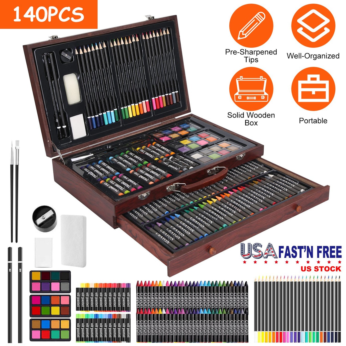 140-Piece Art Supply Set in Wooden Box with Pencils & Paints