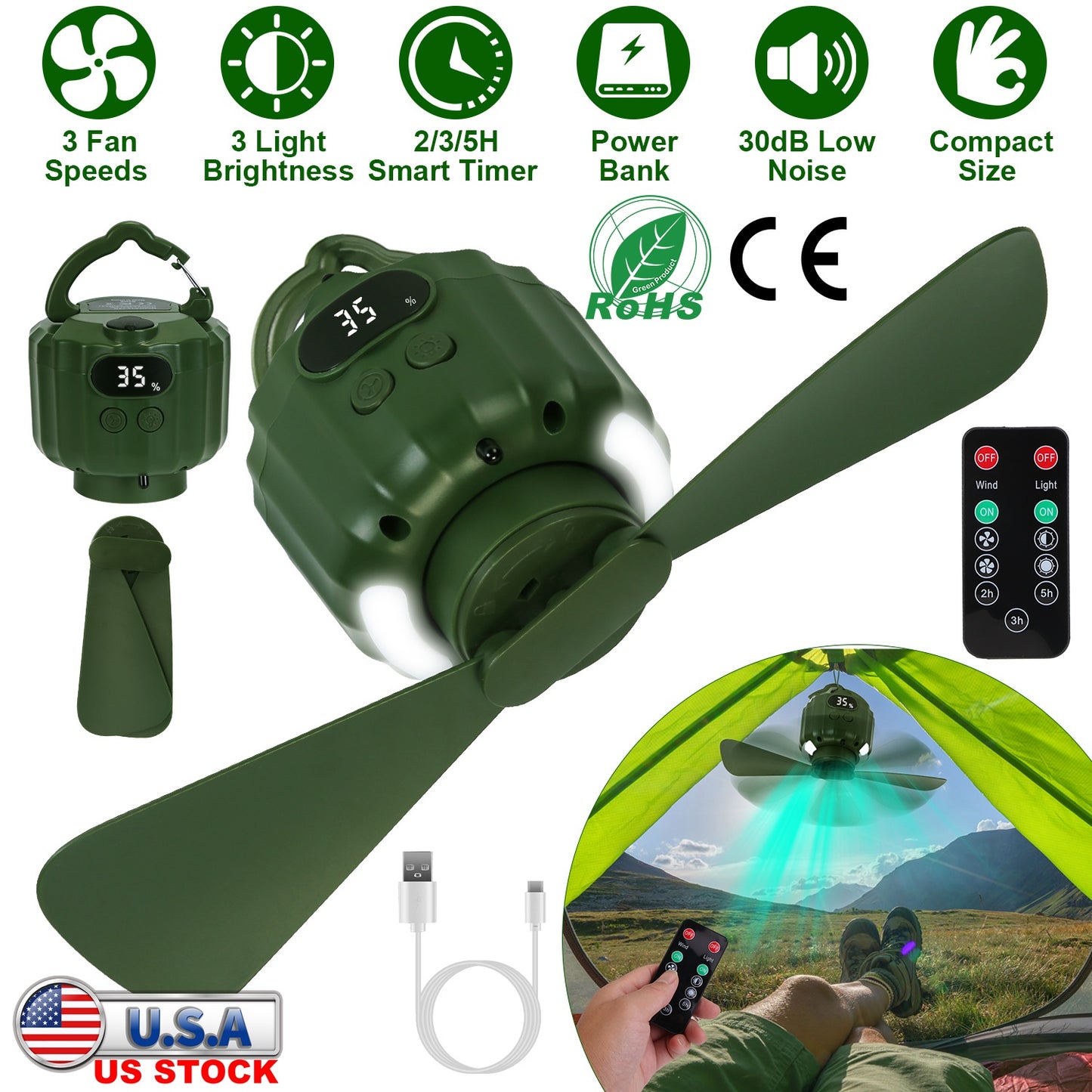 Portable Camping Ceiling Fan with LED Light & Power Bank
