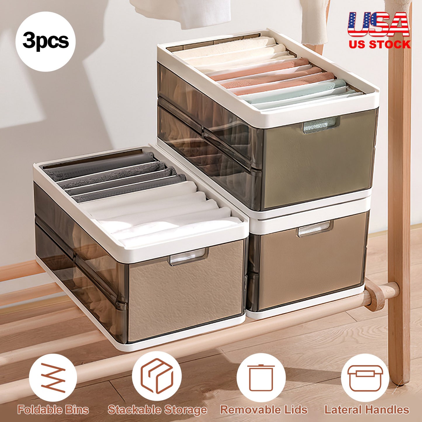 Foldable Storage Bins with Lids - 3 Pack Stackable Organizer