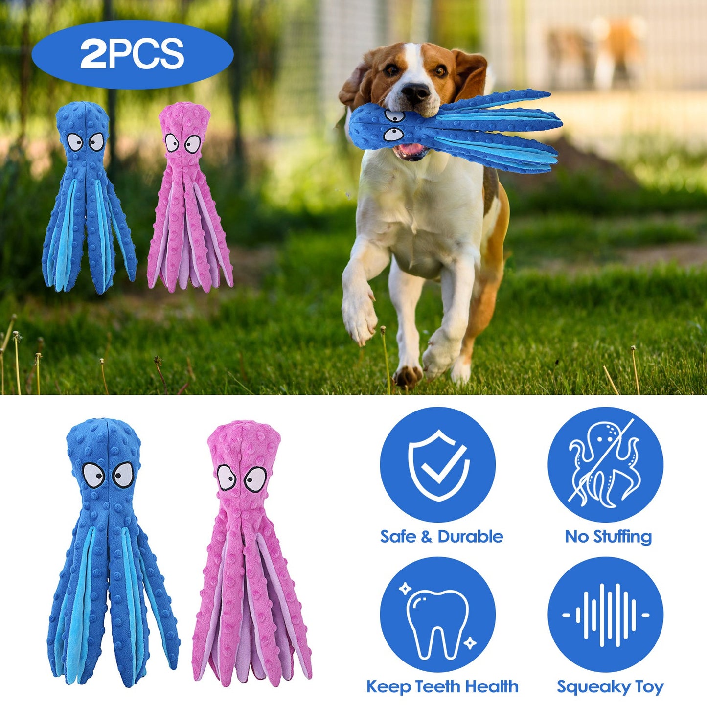 Squeaky Octopus Dog Toy Set - No Stuffing Crinkle Plush