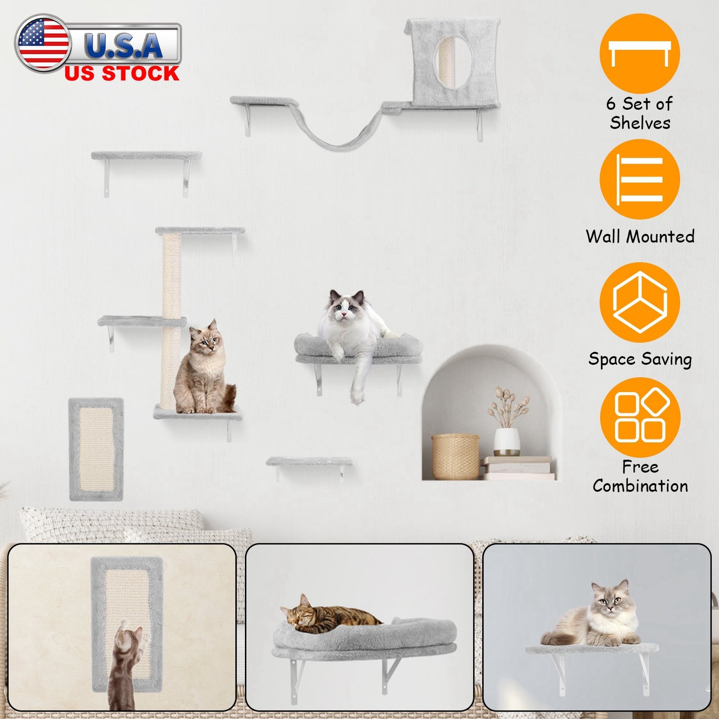 Cat Wall Shelves 6-Piece Climbing Set with Houses & Scratching Post
