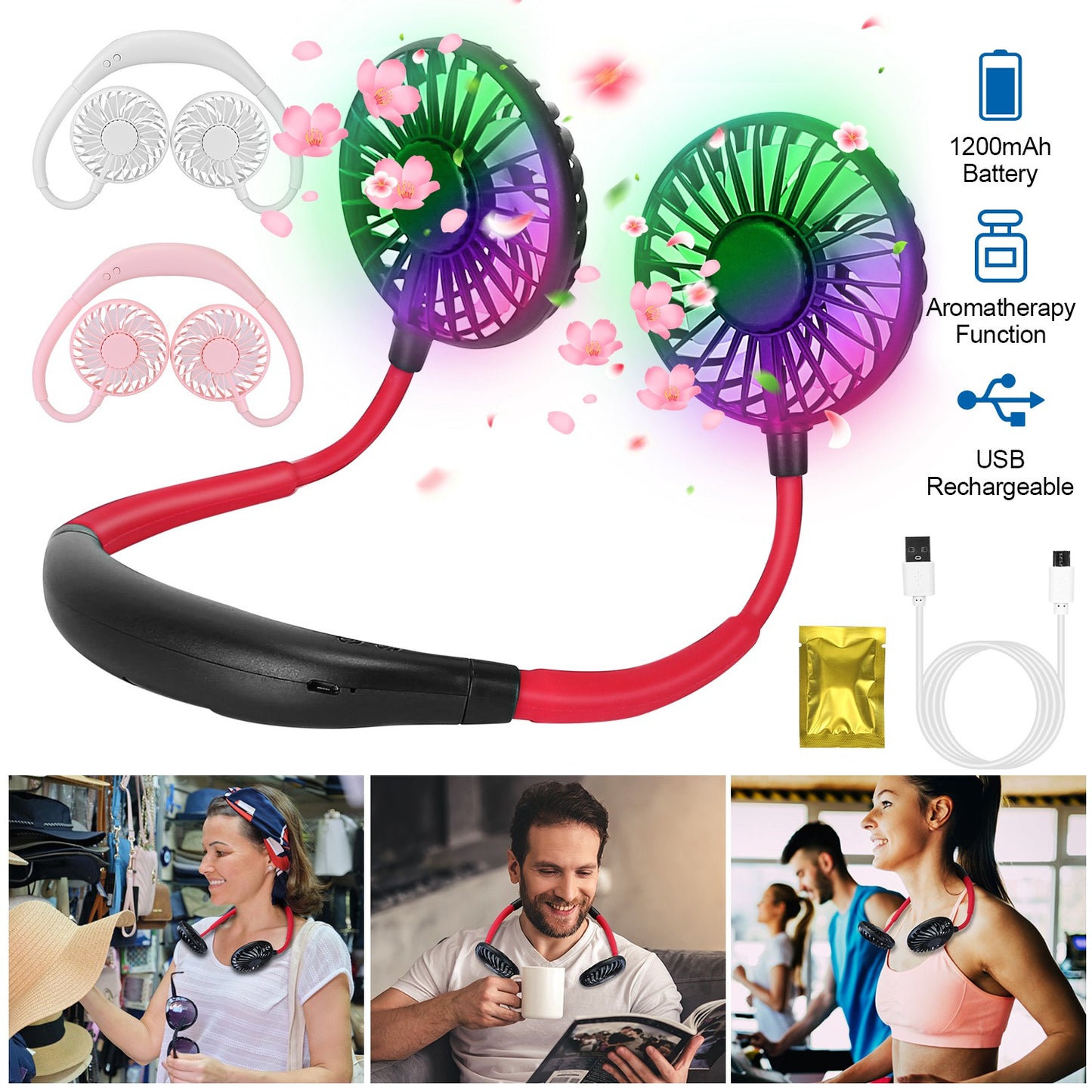 Neck Hanging Fan USB Rechargeable with Aromatherapy & LED