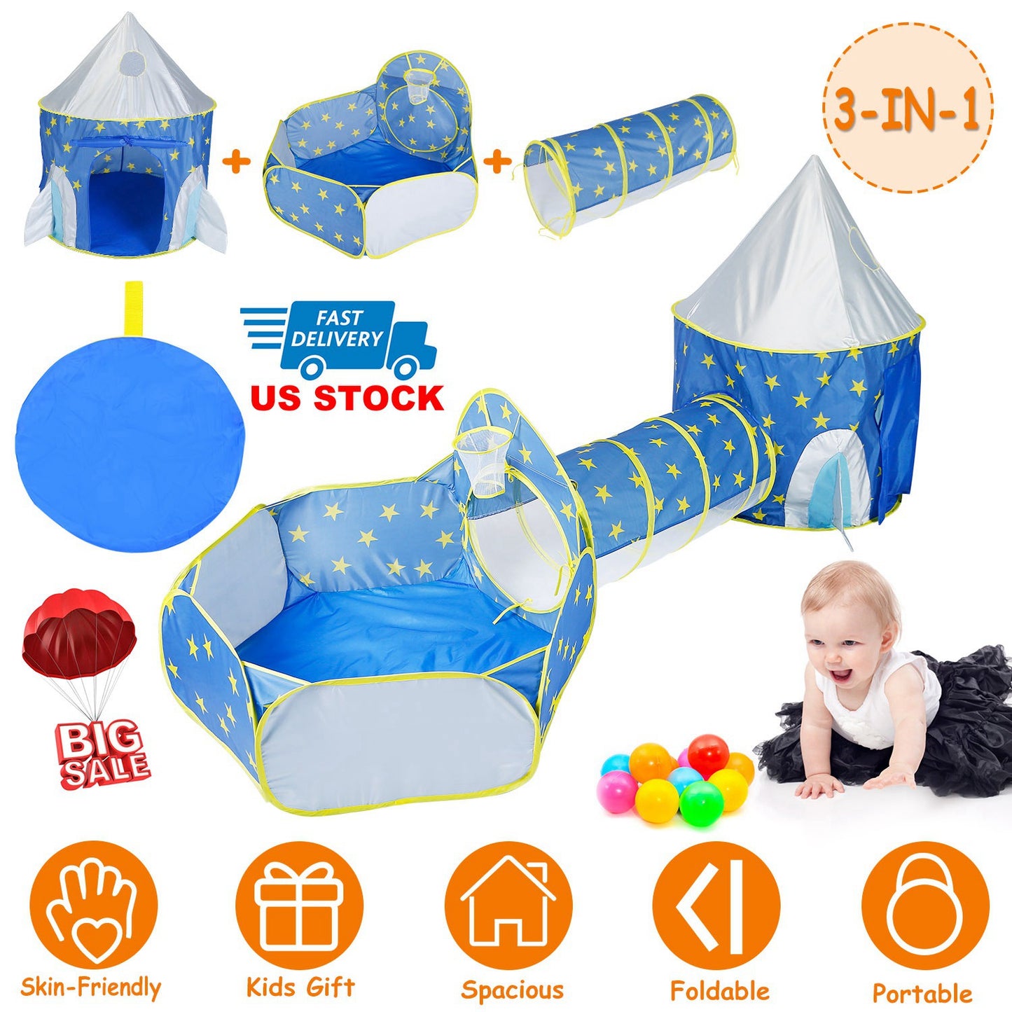 Kids Play Tent 3-in-1 with Tunnel and Ball Pit