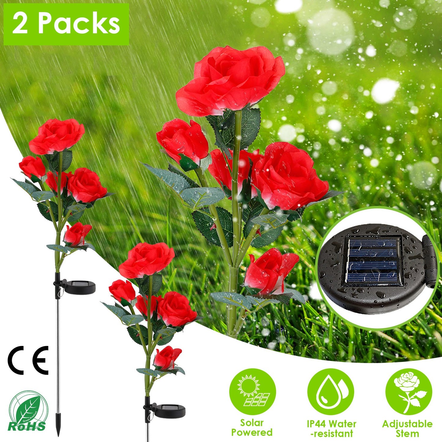 Solar Rose Flower Stake Lights - 2 Pack Outdoor Garden Decor
